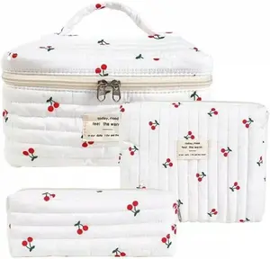 Floral Pattern Portable Floral Cotton Cosmetic Bag Set-Padded Double-Layer Protection for Travel