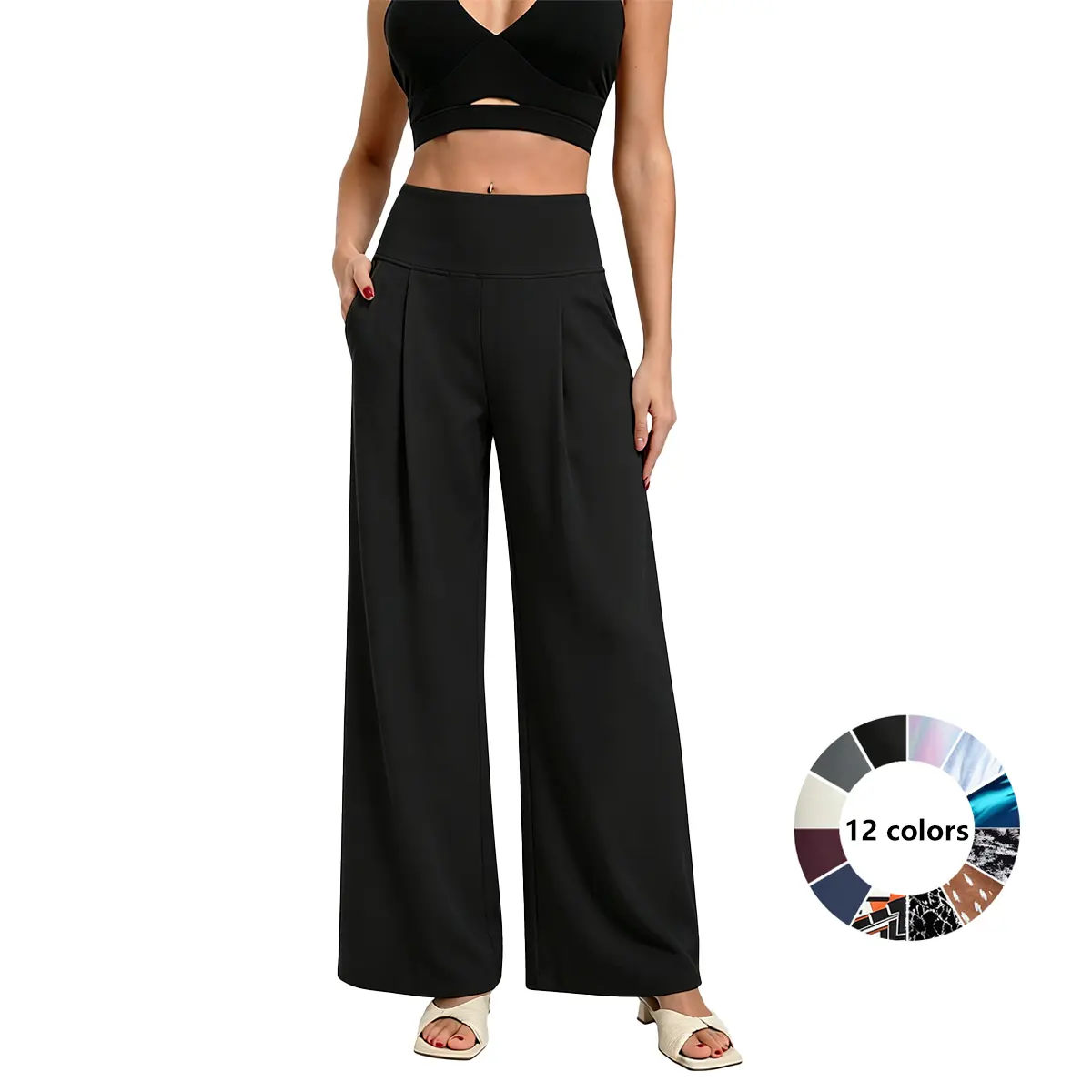 Womens High Waisted Wide Leg Lounge Pants with Pockets Stretch Casual Yoga Pants Elegant Trousers Workout Travel Pants