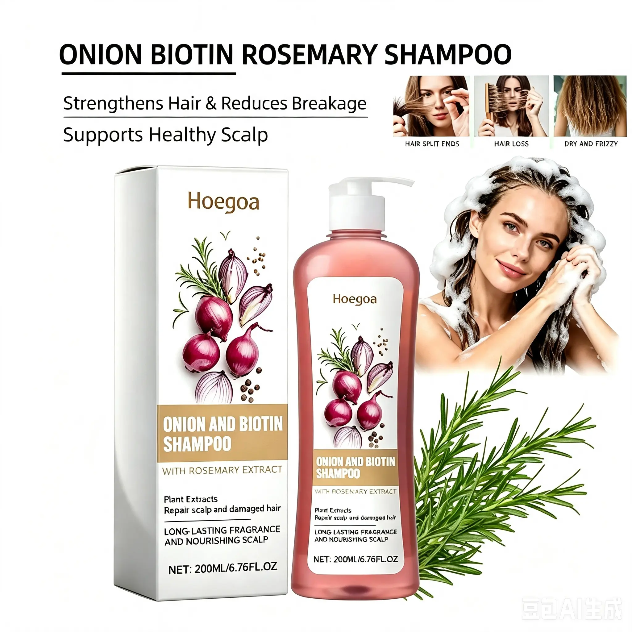 Onion Biotin Rosemary Shampoo, Sulfate Free, Strengthen Hair Follicles, Reduce Breakage, Nourish Dry & Thinning Hair For Healthier, Glossy Hair