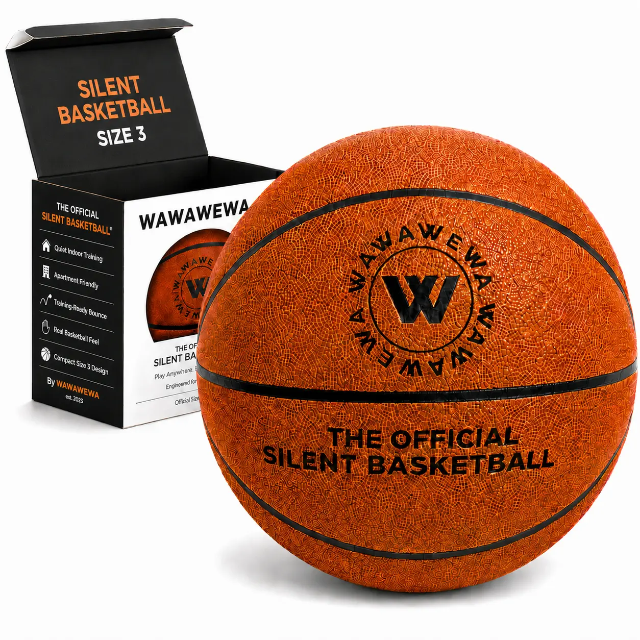 WAWAWEWA The Official Silent Basketball Mini Size 3 (22") – Ready to Play Indoor Basketball for Quiet Dribbling – Airless Indoor Training PU Foam Basket Ball for All Ages