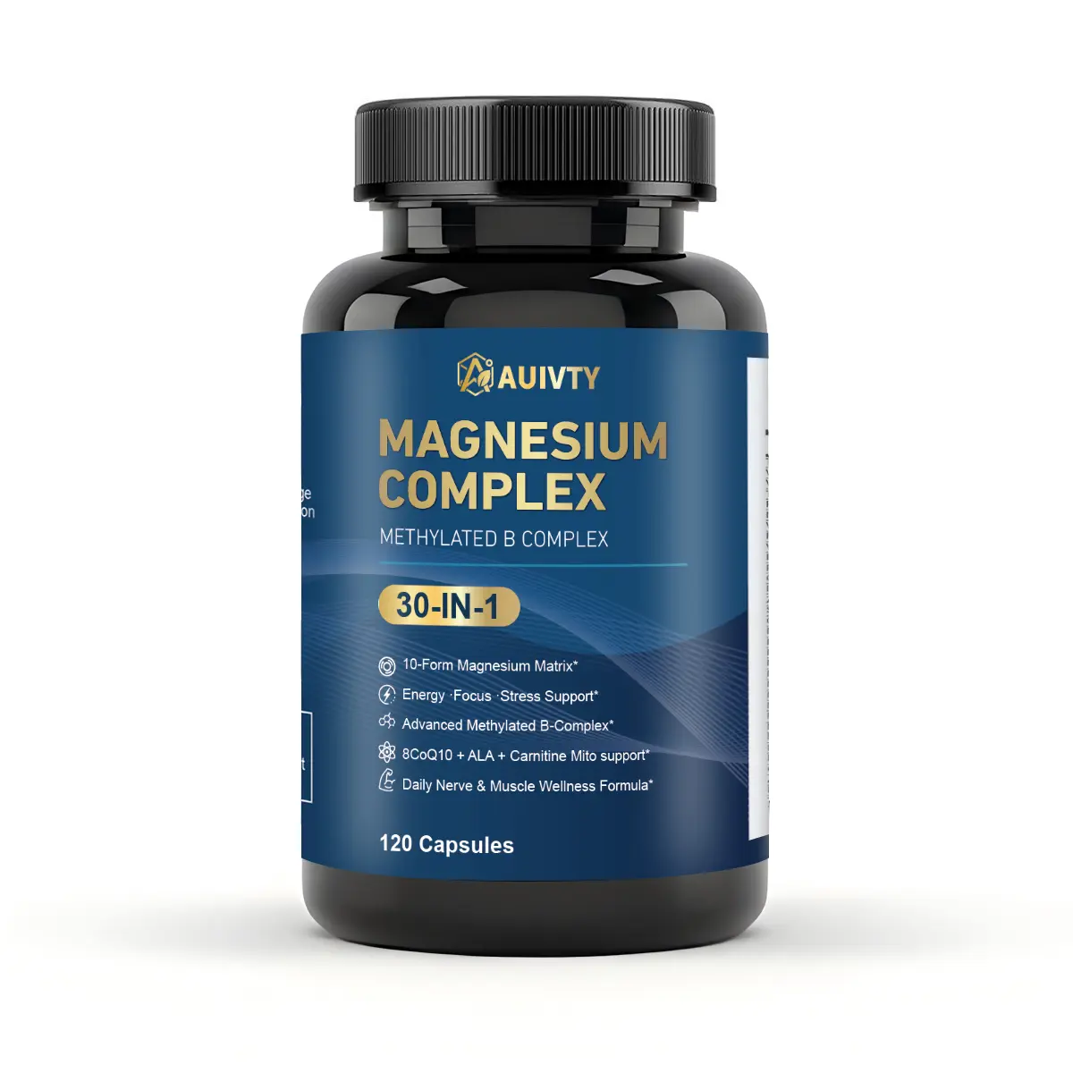 Auivty Healthcare Edible Magnesium Complex Dietary Supplement - 10-Form Magnesium, Methylated B-Vitamins, CoQ10, ALA, L-Carnitine - Supports Energy, Nerve, Muscle Health - 120 Capsules (60-Day Supply)