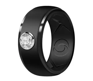 Silicone Wedding Rings for Men  - Black Promise Ring With Stone, Comfort Fit Engagement Band for Gym, Travel, Work | Non-Metal Raised Design with Inner Texture