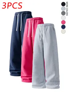 3 Pack Men's Solid Drawstring Loose Straight Sports Pants,Unisex Versatile Sweatpants,Casual Trousers,knit Plain Joggers,Suitable For Daily Wear,Gym,For Fall Menswear,available in 3 pack & 1-pack options,Please place an order according to size chart