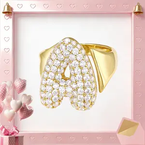 KissYan Bubble Initial Ring for Women, 14k Gold Plate Balloon Jumbo Letter Rings Open Adjustable Dainty Pave CZ Personalized Fashion Trendy Statement Jewelry Gift