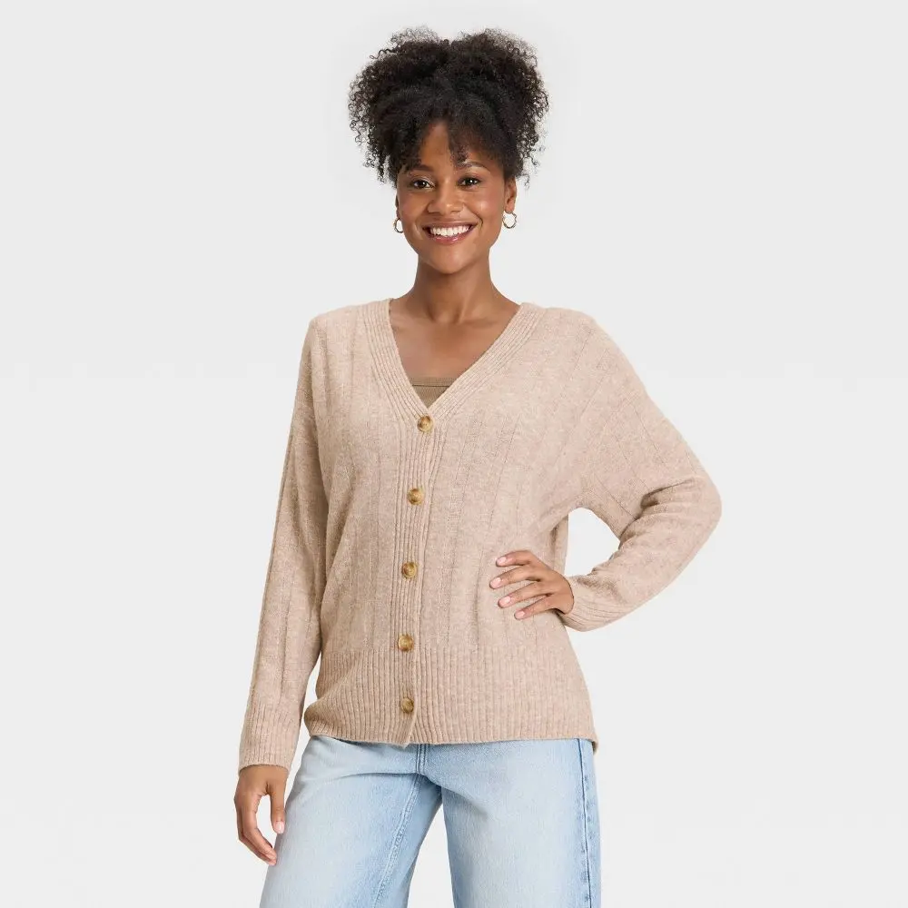 Women's Chic Knit Ribbed Cardigan - Polyester-Spandex Fabric, Everyday Universal Wear, Long Sleeves