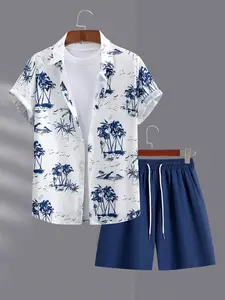 Men's Tropical Coconut Tree Print Shirt & Shorts Matching Set, Regular Fit Casual Short Sleeve Button Up Top & Drawstring Waist Shorts, Men's Summer Outfits