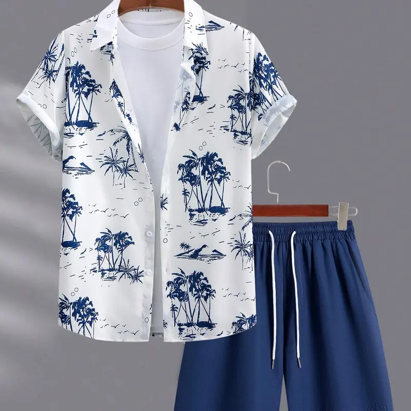 Men's Tropical Coconut Tree Print Shirt & Shorts Matching Set, Regular-Fit Casual Short Sleeve Button-Up Top & Drawstring Waist Shorts, Summer Outfits, Resort Wear Set, Two Piece Set