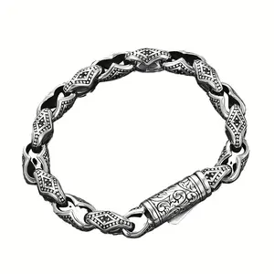 S925 Vintage Engraved Rhombus Link Bracelet, Retro Oxidized Silver Chain with Scrollwork Clasp for Men & Women outdoorfun