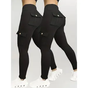 2pcs Women's High-Waisted Pocket Cargo Leggings - Quick-Dry, Stretchy Polyester/Elastane Blend, Ideal for Running, Yoga & Gym Workouts, Machine Washable, Plus Size LeggingsGift