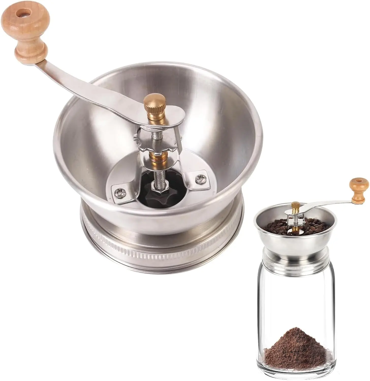 Portable Stainless Steel Manual Coffee Grinder - Adjustable Ceramic Burr Grinding Tool, Reusable Coffee Bar Accessories, Traveling Non-Electric Crank with Airtight Mason Jar Spice Storage, Coffee Grinding Tool