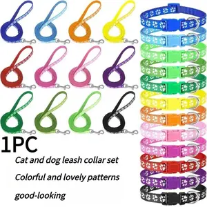 2-Piece Pet Collar and No Tangle Leash Set, Paw Print Pattern Dog Cat Walking Gear, Comfortable Reflective Outdoor Safety Essentials for Small Medium Breeds