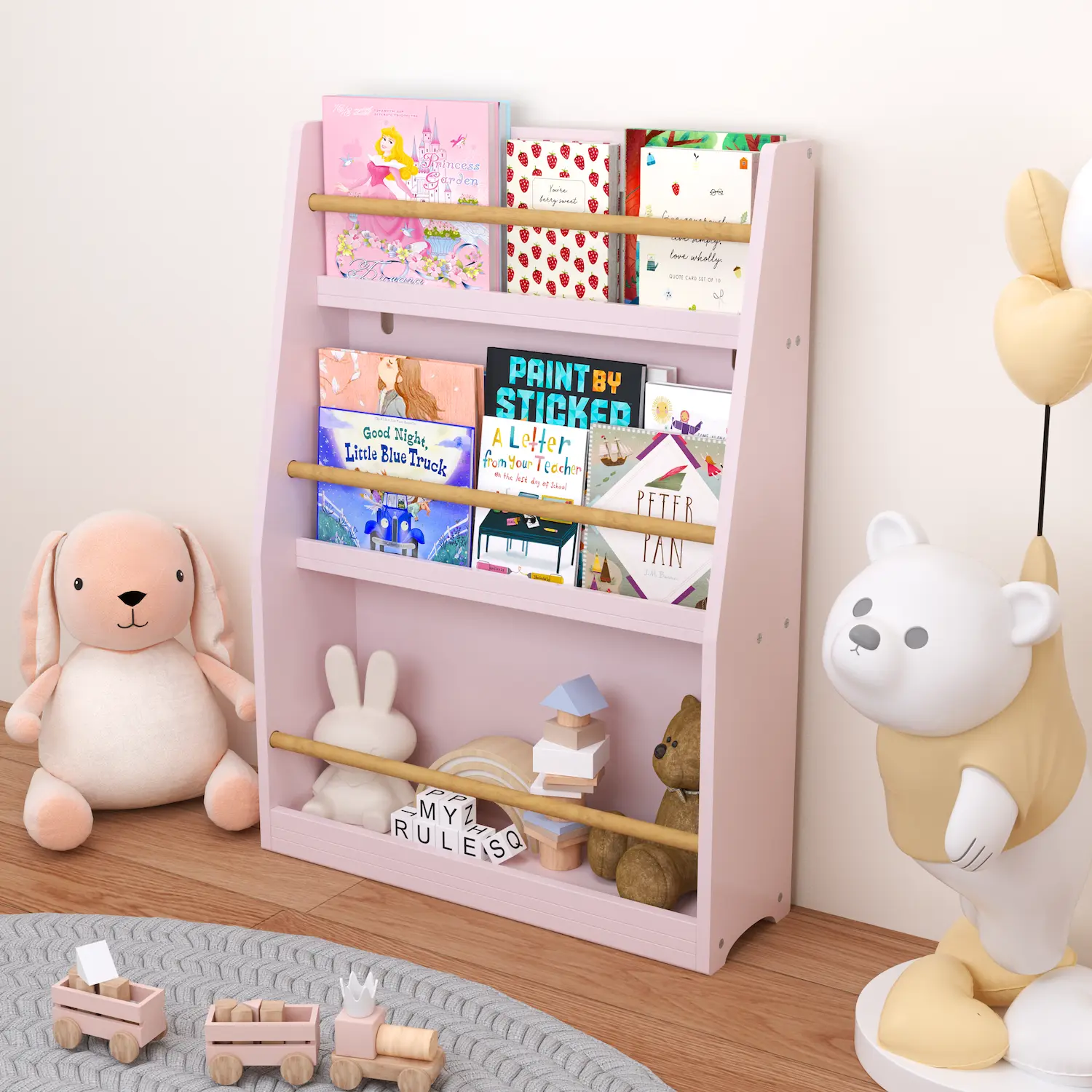DOMISO Kids Bookcase, 3 Tier Kids Book Shelf, Book Organizer for Kids, Pink Book Rack