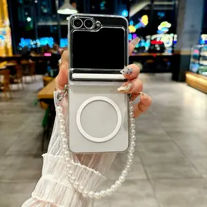 Transparent Magnetic Foldable Phone Case with Bracelet Strap, Compatible with Samsung Galaxy Zflip7/6/5, Simple Fashion Design