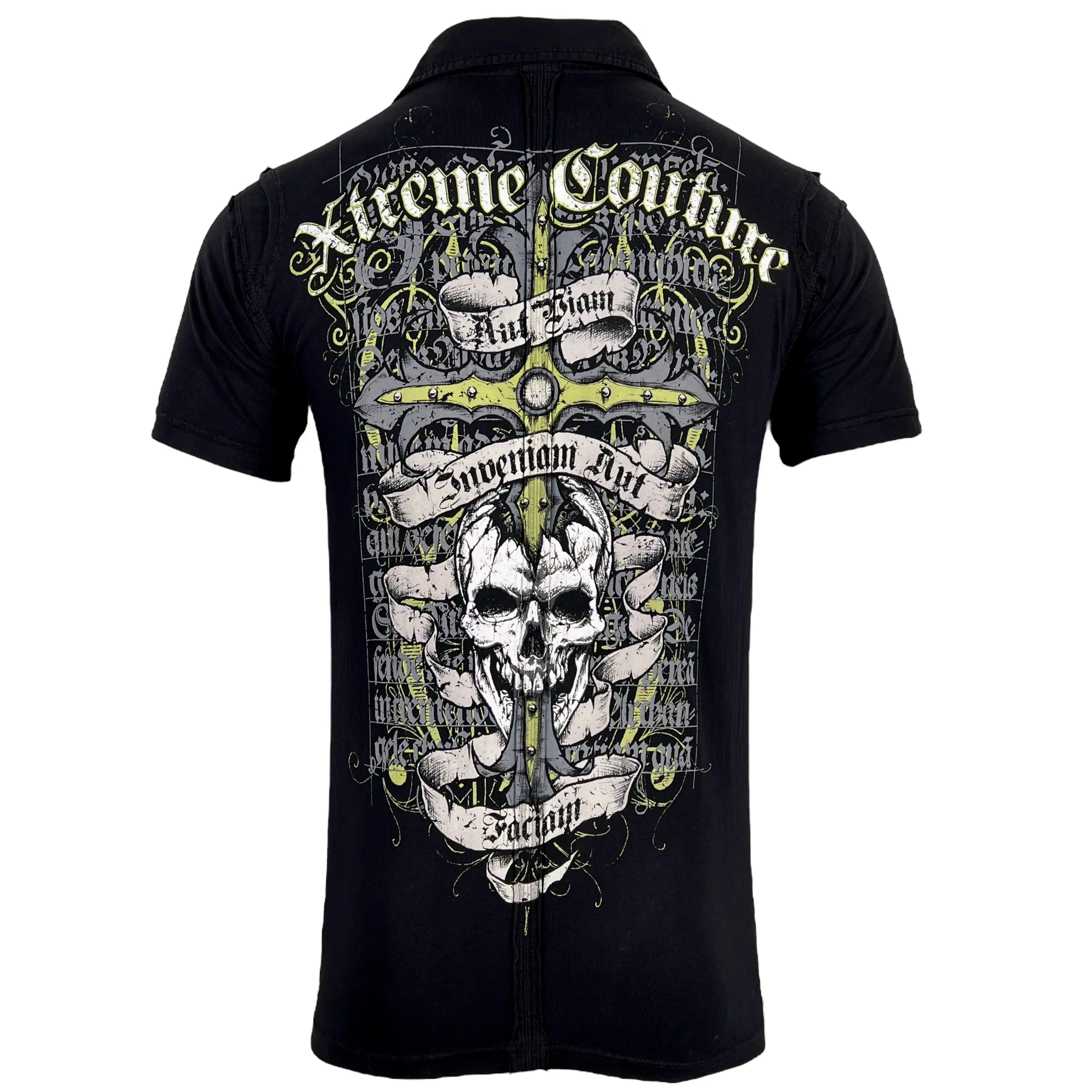 Xtreme Couture Men's Black Shirt - Pierced X427 Short-Sleeve Graphic Print Button-Up Top in 100% Cotton, Made in USA, Shortsleeve, Casual, All Season, Button Closure, Printed Front, Fashion, Refer To Sizing Chart, Button Up Basic