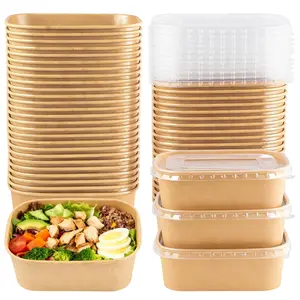 50 Pack 25 oz Disposable Kraft Paper Bowls with Lids, Rectangle Paper Food Containers, Meal Prep Containers for Hot/Cold Food, Soup, Takeout, Microwave Safe, Party Supplies Treat Bowls