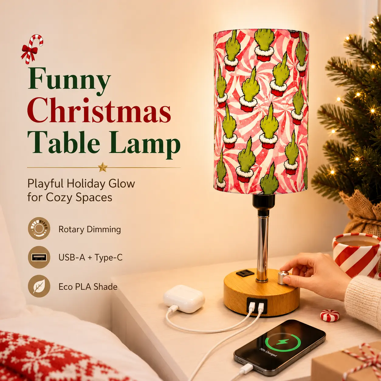 CXTVOVZSSY Funny Grinch Christmas PLA Table Lamp - Eco-Friendly Biodegradable Durable, Deformation-Resistant Shade, Rotary Stepless Dimmer, Single Light Warm Glow, Wooden Base, USB-A/Type-C USB Charging, Ideal Holiday Gift for Bedroom
