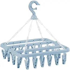 32 Clips Folding Laundry Hanger, Laundry Drying Rack Folding Sock Hanger, Hanging Drying Rack(Scandinavian Blue)