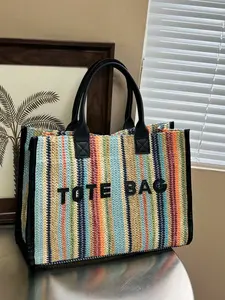 New minimalist rainbow striped letter-woven tote bag, fashionable casual lightweight large-capacity vacation commuting handbag