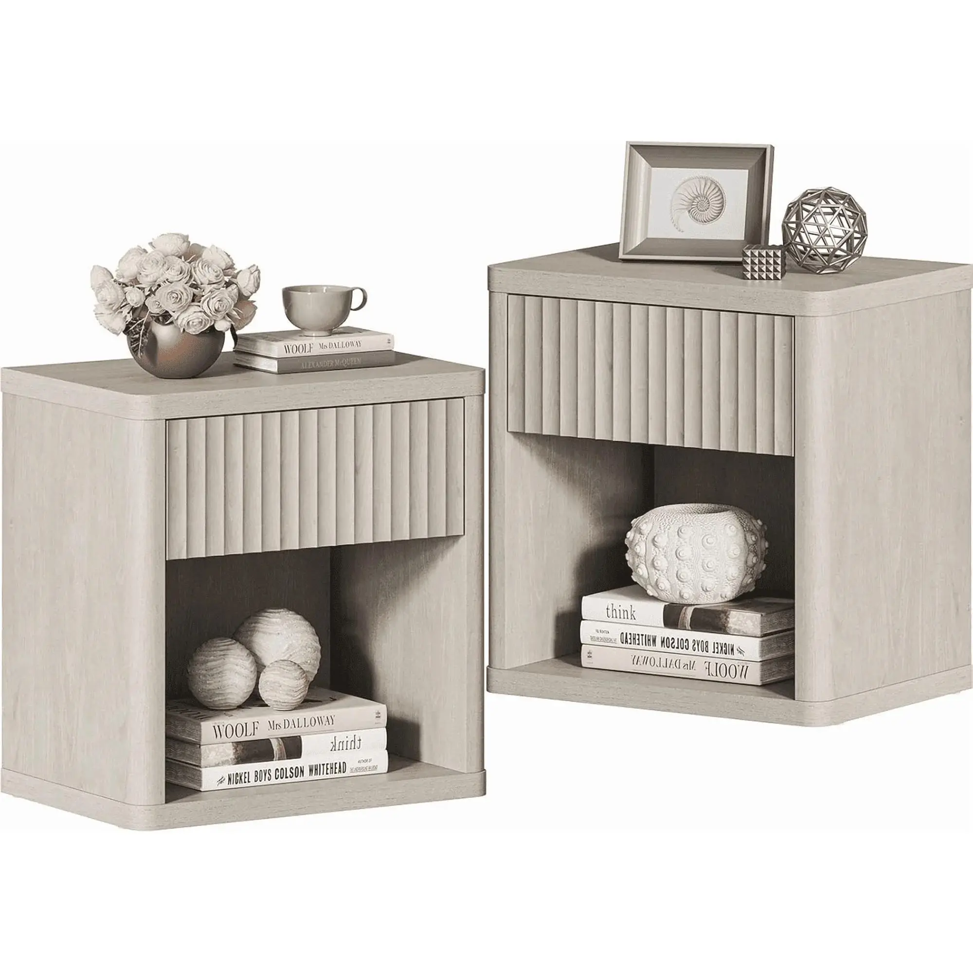 Bedside Nightstand with Drawers and Open Shelves, Rounded Corner Side Table with Cable Management, Modern Minimalist Bedside Cabinet for Bedroom Living Room, Perfect for Lamp Books Remote and Daily Essentials Storage