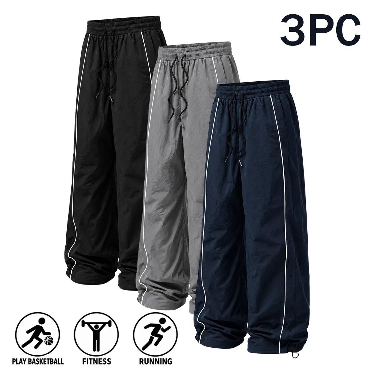 Men’s 3-pack wide-leg pants with elastic drawstring design, loose wide-leg fit, wrinkle-resistant woven fabric, suitable for basketball, fitness, running, and various other activities; street-style casual athletic long pants.