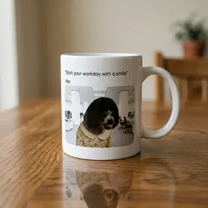 Funny Meme "Smile" Original Artwork Mug,11oz Ceramic Coffee Cup,Unique Desk Decor Relatable Viral Internet Joke