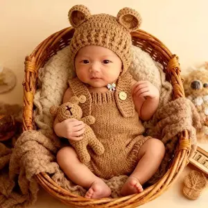 3pcs Set Knitted Bear Hat and Overalls with Bear Prop | Soft Polyester, Buttoned Straps, Creative Fashion Studio Shooting Accessories, Ideal for Holiday Gifts Knitted Cap