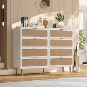 【Christmas Gift】Rattan Dresser with 8 Drawers Tall Modern Closet with Deep Storage Large Chest of Drawers with Wide Top Long Wooden Dresser for Bedroom Living Room Hallway Kids Room-White