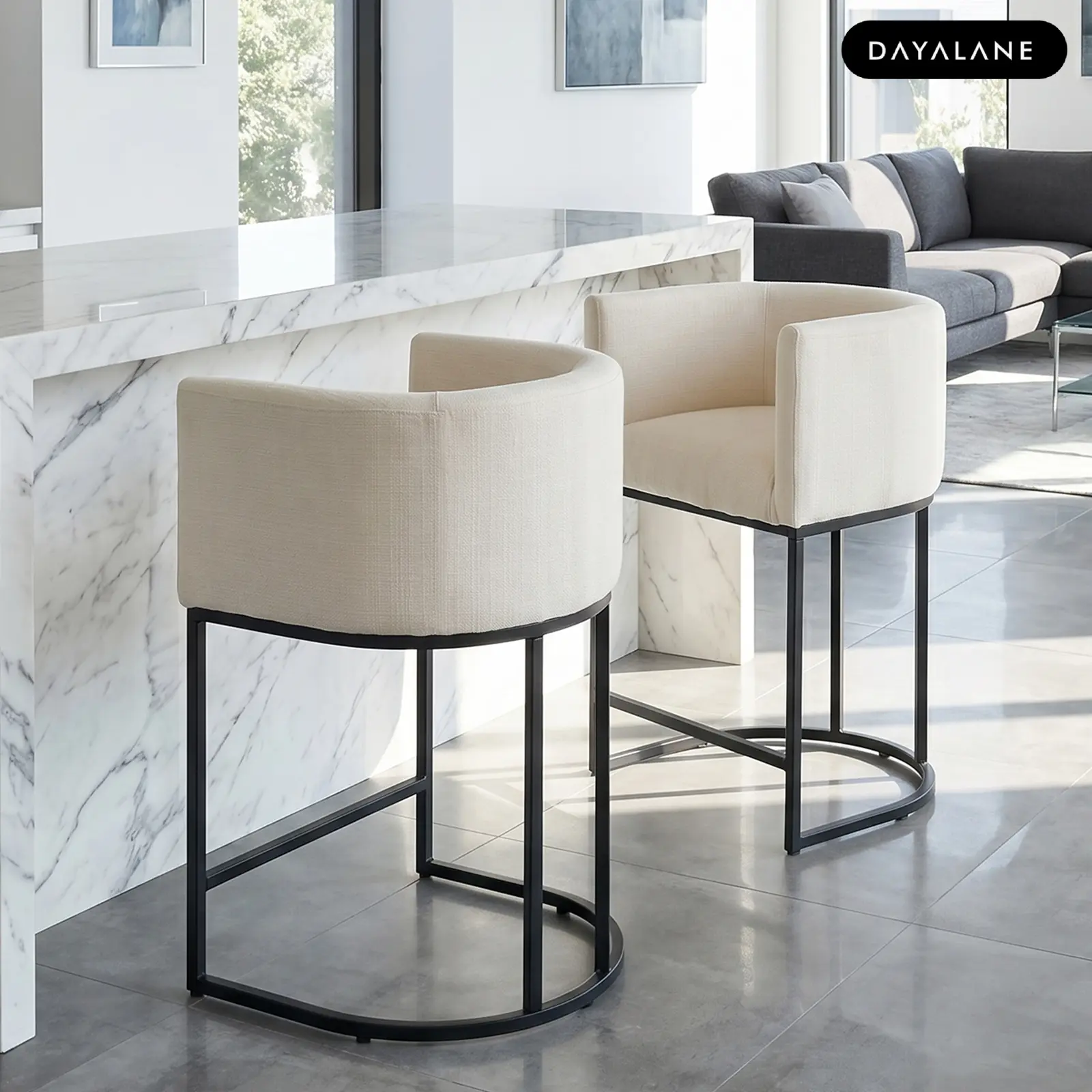 DAYALANE Vintage Upholstered Barstool Set - High-Quality Upholstery, Curved Back with Arms, Gold Brass Frame, Multiple Heights, Easy Assemble, Comfort Support for Kitchen Island, Home Bar, Living Rooms