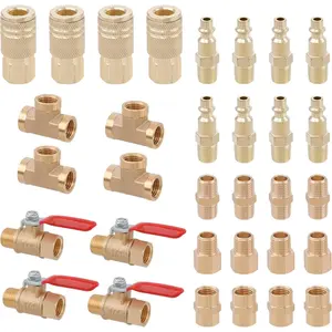 32 count 1/4" NPT Brass Pipe Fittings Kit Air Hose Fitings, Ball Valve, Reducer Adapter, Hex Nipple, Hex Coupling, Street Tee Fitting Kits Air Compressor Quick Connect Fittings