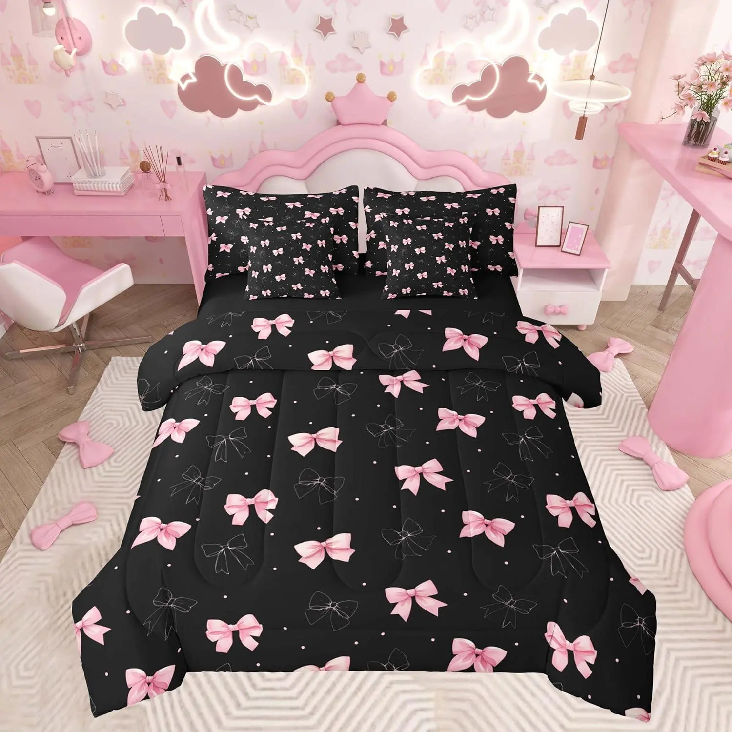 Cute Bowknot 7 Piece Bedding Set Pink Ribbon Bow Bow Tie Bed in a Bag Comforter Set with Sheets Dreamy Princess Bed Set