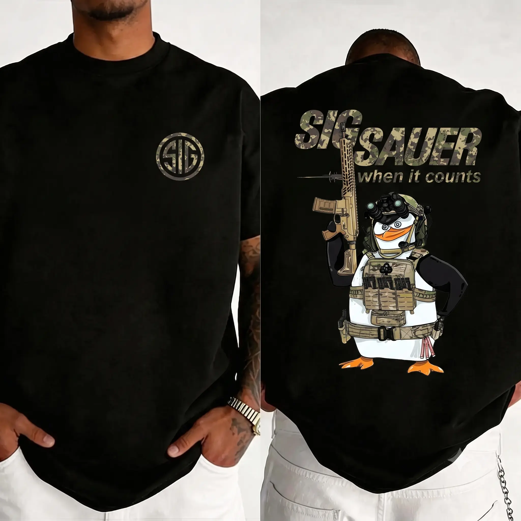 Men's Shortsleeve Round Neck Sig Sauer Tactical Penguin Graphic T-Shirt - Casual Menswear Top, 2A Shooter Tee, Funny Gun Enthusiast Streetwear, Range Gift for Sig Fans