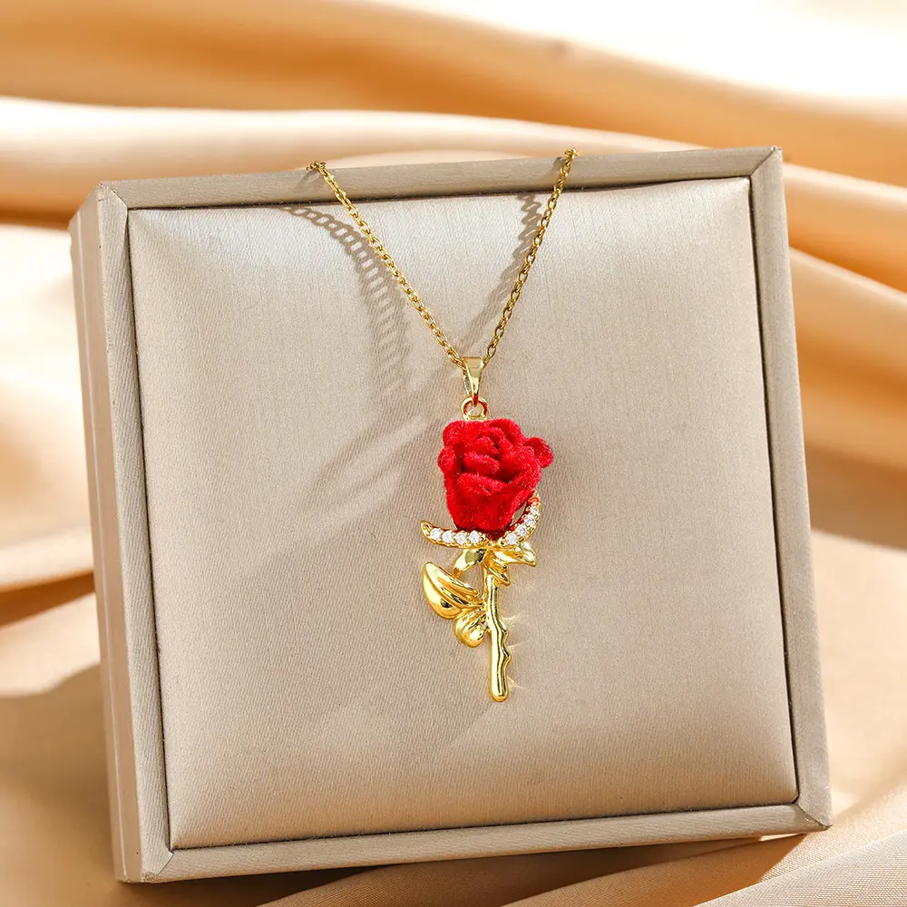 Women's Red Rose Motif Titanium Steel Collarbone Chain - Exquisite Chain Jewelry, Copper Micro-Inlay Floral Artificial Gemstone Necklaces & Pendants, Casual/Formal Versatile High-End Necklace, A10133-XL