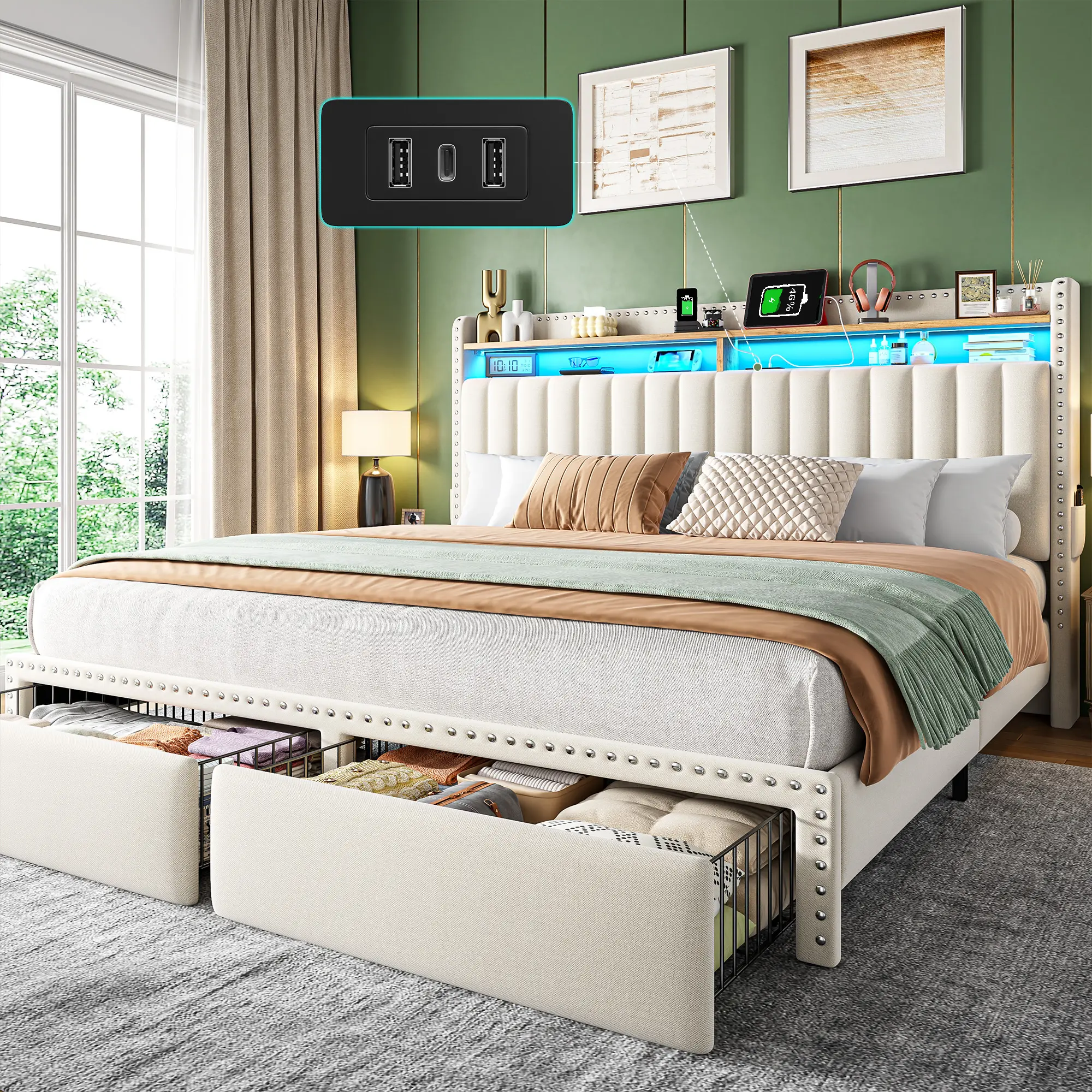 Raybee LED Bed Frame with Charging Station & 2 Storage Drawers, No Mattress, Luxury Upholstered Bed Frame with Cushioned Bookcase Headboard and Storage, Modern Platform Bed Frame for Full/King, Capacity 900lbs, NO Noise, No Box Spring Needed