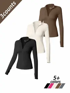 Women's Plain Ribbed Zipper Jacket, Athletic Jackets, Casual Fall Winter Gymwear, Long Sleeve Drop Shoulder Design, Breathable Comfort Fashion
