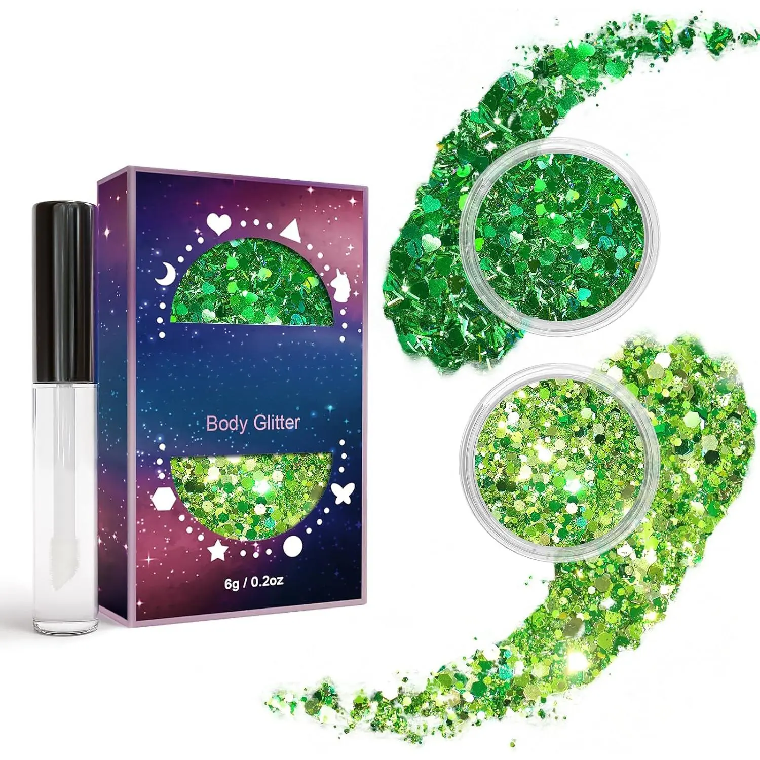 Chunky Body Glitter Kit with Primer - 2 Jars of Holographic Glow-in-the-Dark Cosmetic Sequins (Stars, Hexagons, Butterflies, Hearts) for Women, Bright Gold Silver, Silver Flakes, Easy Removal Unicorn Face & Body Makeup for Festivals, Nail Art Craft Gift,