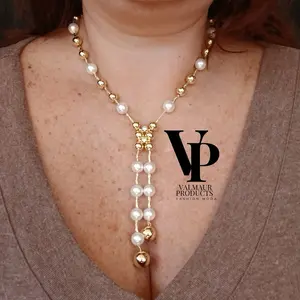 Valmaur Products Elegant Gold & Pearl Drop Necklace Luxury Lariat Style Jewelry with Gold Beads and Pearl Accents