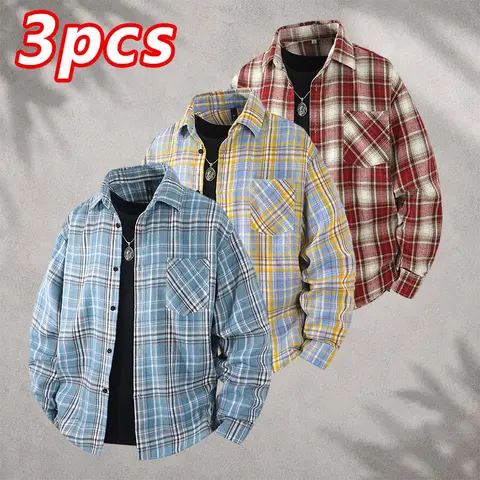 Men’s 3-pack loose-fit plaid button-up shirts with a turn-down collar, available in multiple colors, long sleeves, casual street style men’s tops for spring and autumn, cute shirts