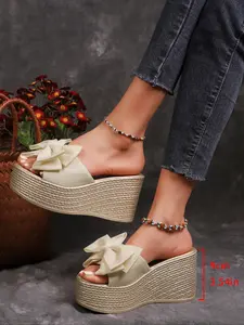 Women's Fashionable Bowknot Design, Casual Comfortable Boho Style Wedge Sandals for Summer, Female All-match Shoes for Beach Vacation, Footwear