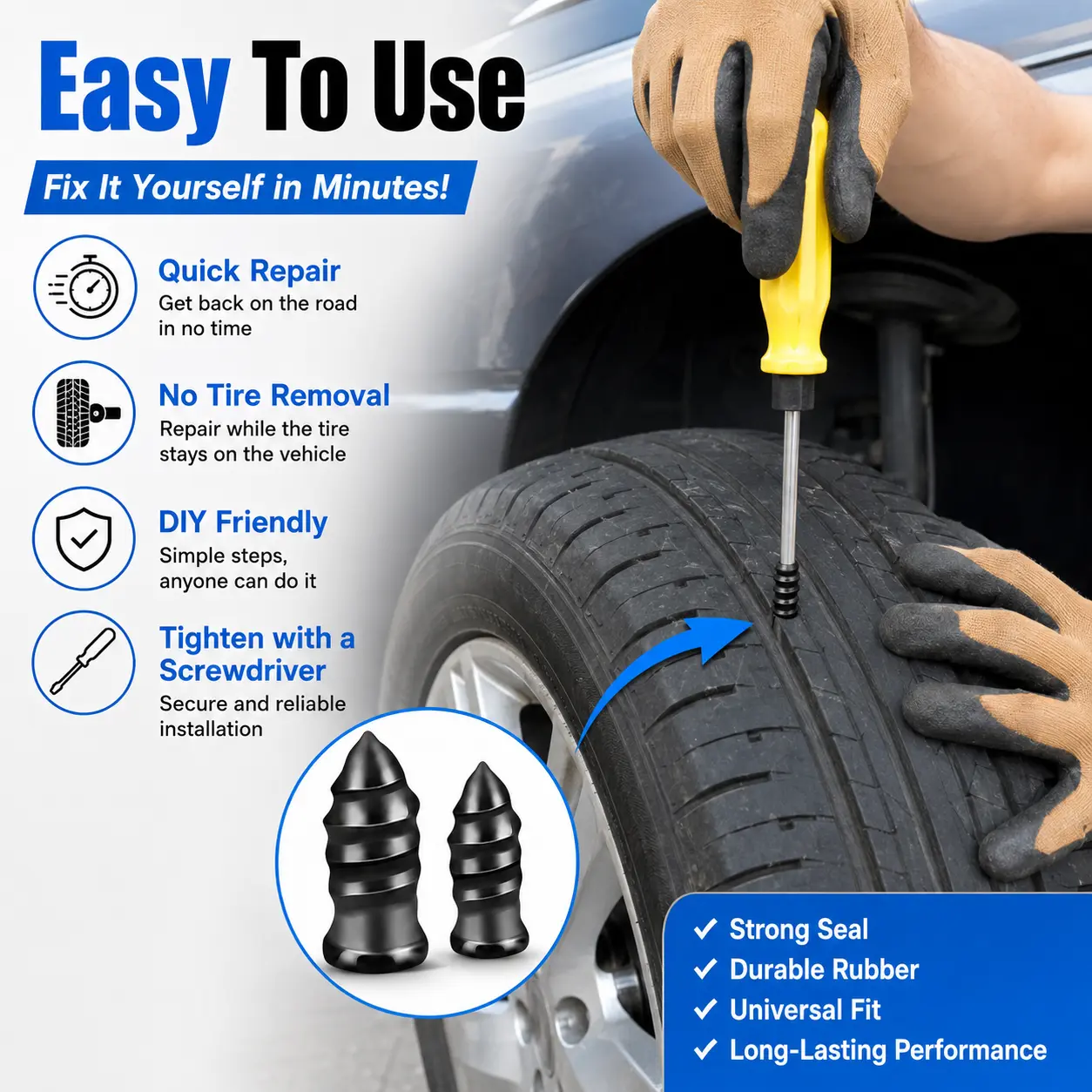 30/60 Pack Tire Repair Rubber Nail Set, Self Install Tubeless Tyre Repair Screw Plugs, Quick Puncture Fix Accessories for Automobile, Motorcycle, Truck & Farm Tractor