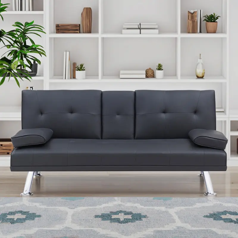 Modern Leather Upholstered Futon Sofa Bed - Convertible Foldable Seating Sleeper Chair with Removable Armrests, 2 Cup Holders - for Living Room, Office, Leather Upholstery