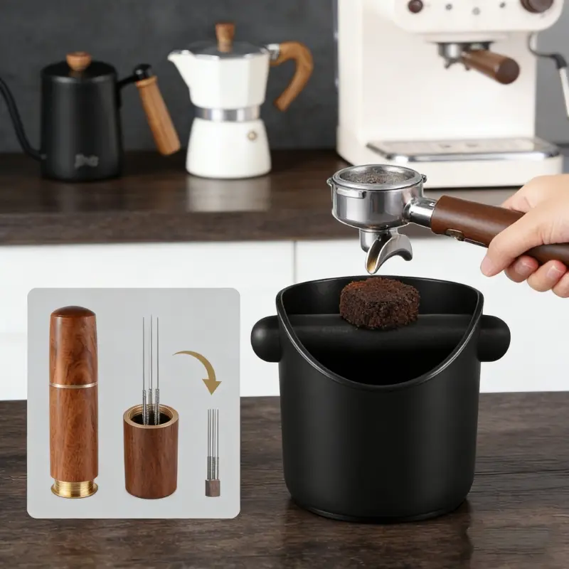 Wooden Handle Coffee Stirring Needle & Large Capacity Knock Box Kit - Essential Espresso Accessories