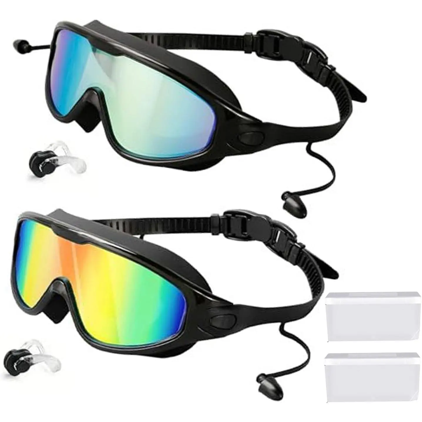 2-Pack Swim Goggles Set for Adults & Children, Anti-Fog Lens, UV Filtering, Wide View, Sealed, Waterproof Earplugs, Nose Clips, Silicone Strap for Family Swimming Lessons, Pool Training, Backyard Pool Parties