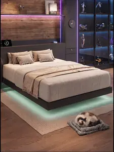 【DealsforYou】ONBRILL Floating Queen Bed Frame with LED Lights Metal Slats Underbed Storage Space No Box Spring, Bedroom Furniture, Modern Floating Bed, Queen Size Bed Frames