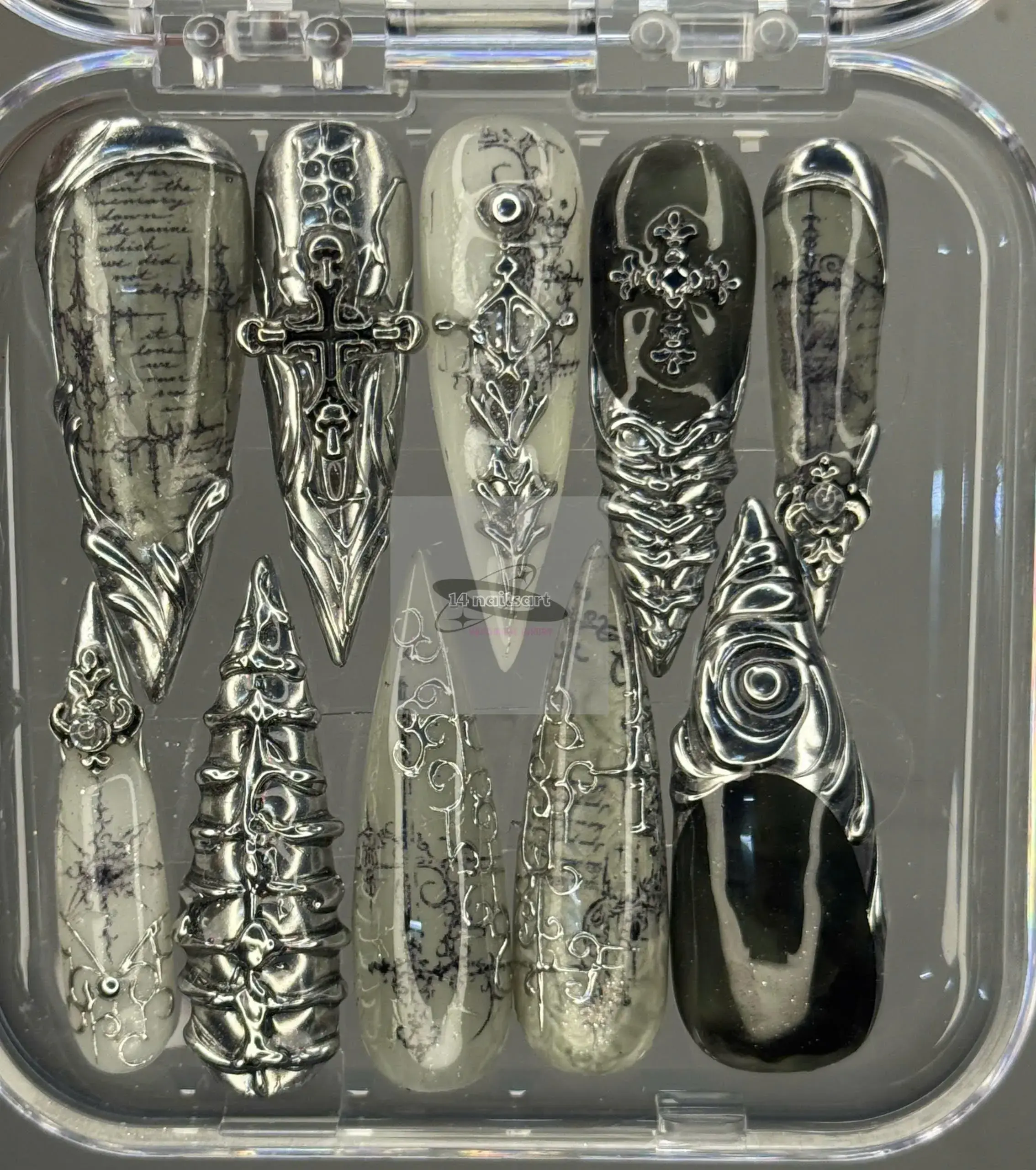Luxury Gothic Chrome Press On Nails | Black Silver Cathedral Nails | Cross & Script 3D Nail Art | Handmade Fake Nails