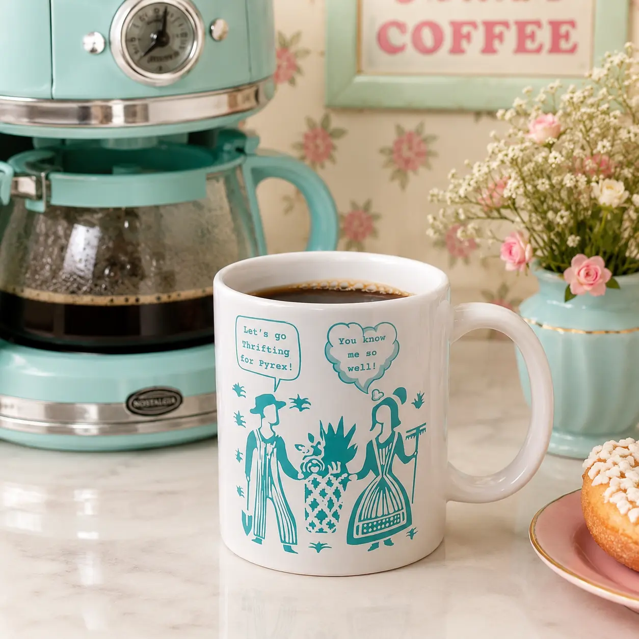Vintage Pyrex Inspired Love and Butterprint Amish Coffee Mug, Retro Style Cup, Cute Kitchen Decor, Gift for Coffee Lovers, 11oz Ceramic Tea Funny Dad Mug Insulated Travel Mug Reuse Reusable