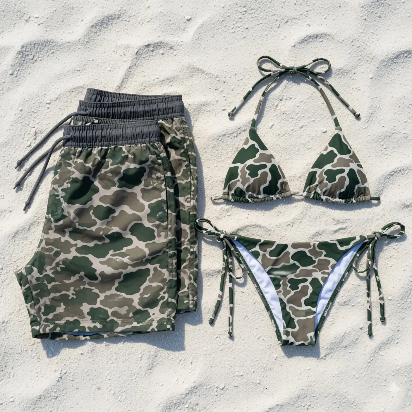 Green Camo Matching Couple Swimwear Set, String Bikini and Hawaiian Shorts, His and Hers Beach Vacation Outfit, Summer Pool Gift