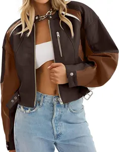 Women's Fitted Long Sleeve Faux Leather Color Block Cropped Zip-Up Bomber Jacket - Fashion Outerwear for Fall Casual, Moto Biker Style