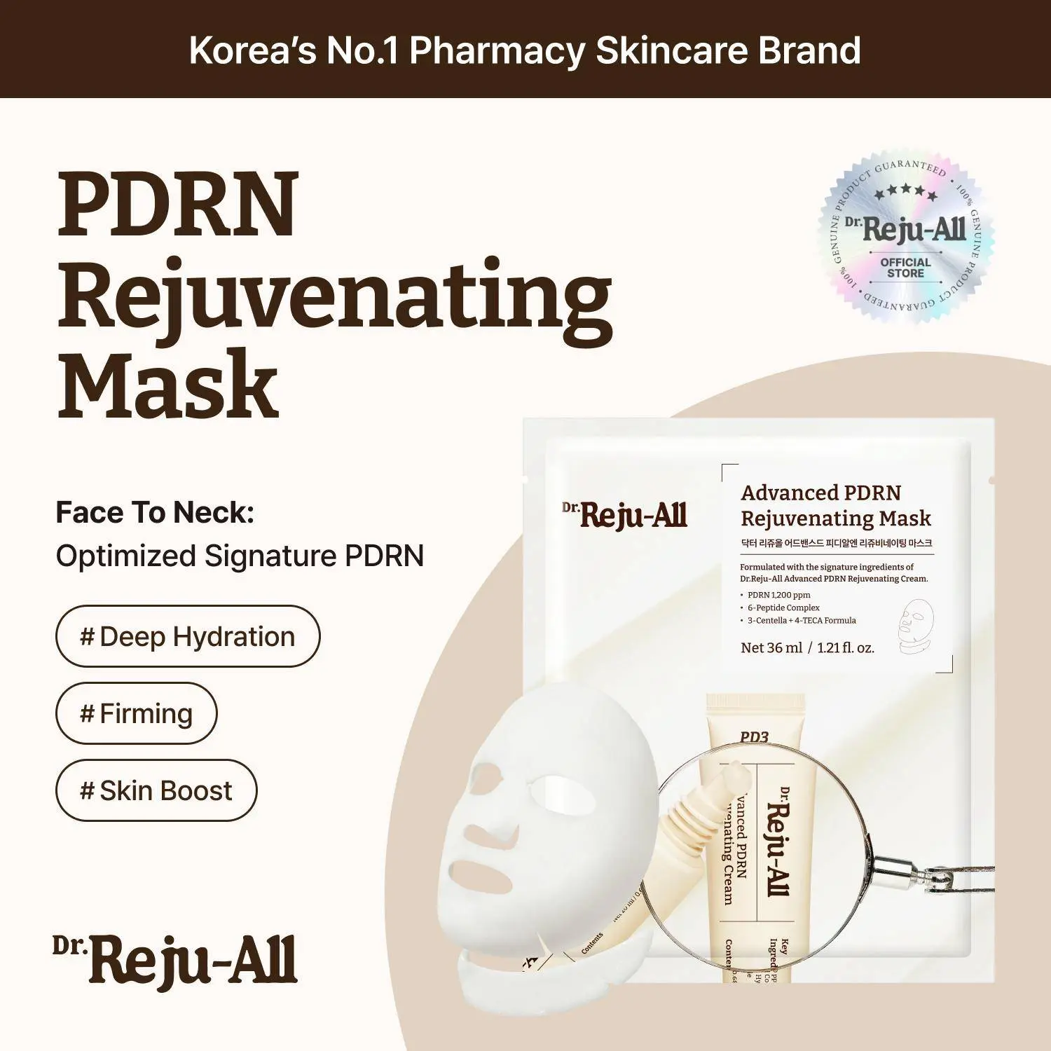 [Official Store] Dr.Reju-All Advanced PDRN Rejuvenating Mask - Face & Neck Korean Sheet Mask with 1,200 ppm PDRN, Collagen & Copper Peptides - Hydrating & Soothing, Skin Repair (1.2 Fl Oz x 4EA), Moisturizer, Sensitive