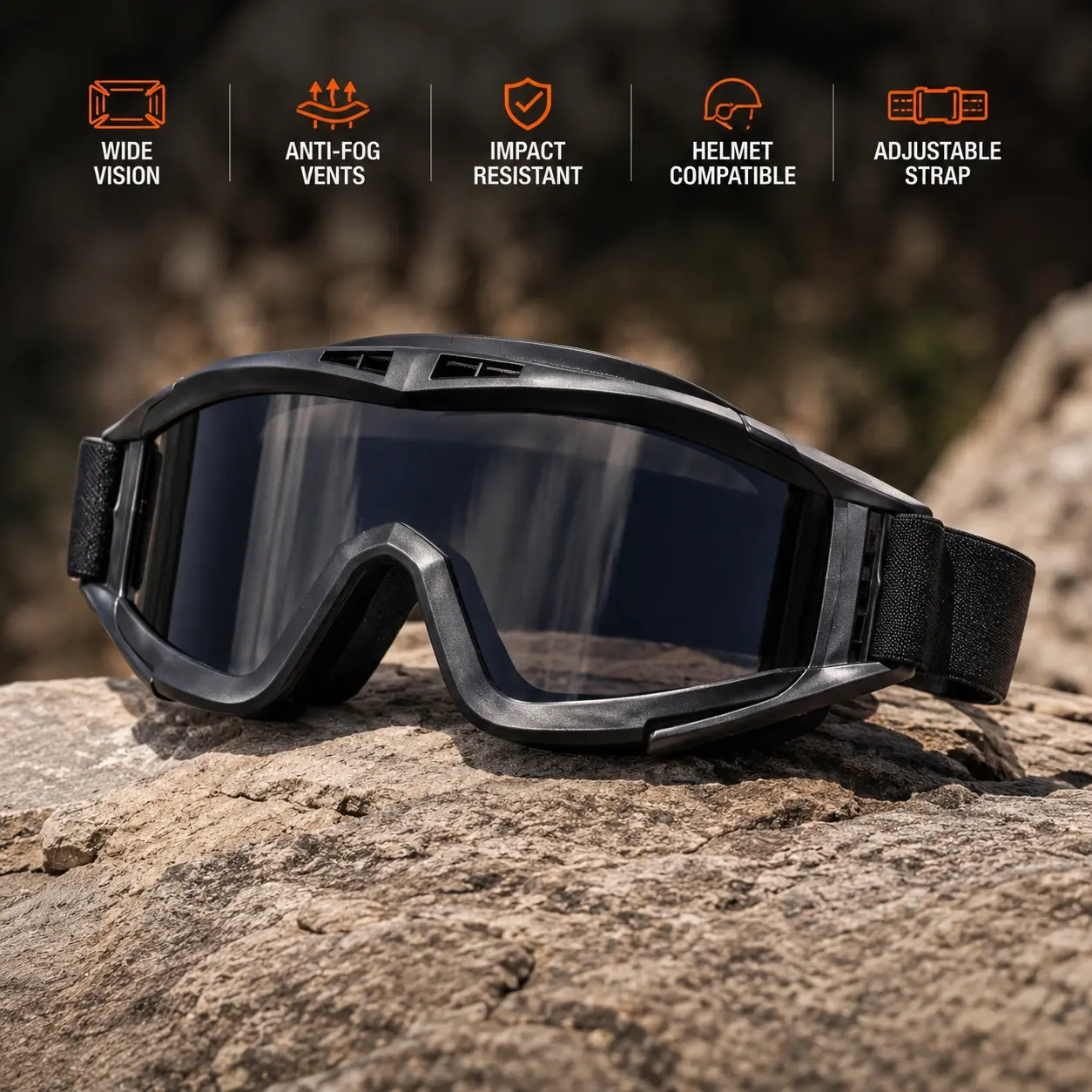 Tactical Protective Goggles, Anti-Fog Wide Vision Safety Goggles with Impact-Resistant PC Lens, Ventilated Frame, Adjustable Strap, Helmet Compatible for Airsoft, Cycling & Outdoor Sports