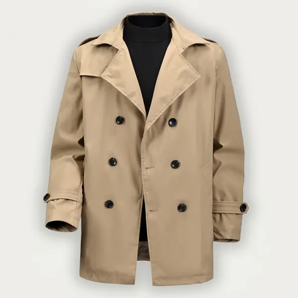 Men’s short trench coat available in multiple colors with a double-breasted design, British commuter minimalist style, featuring a lapel cut and adjustable tie cuffs; suitable for everyday commuting, business settings, and dates; classic fit that pairs we